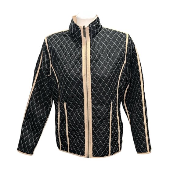Reversible Quilted Jacket Womens M Lightweight Beige & Black Diamond Pattern Ful - Picture 7 of 14